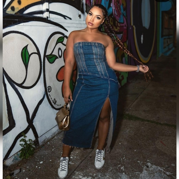 Zara  denim * strapless midi dress slit size XS - Picture 7 of 12